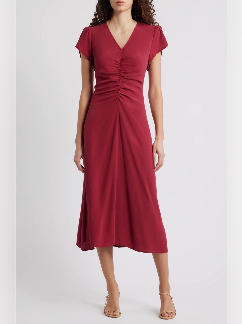 Caslon $99 V-Neck Ruched Midi Dress in Burgundy